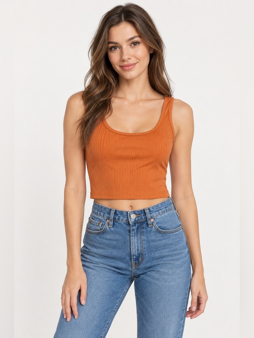SHEIN Womens Ribbed Crop Tank Top Burnt Orange Scoop Neck Sleeveless Size Large